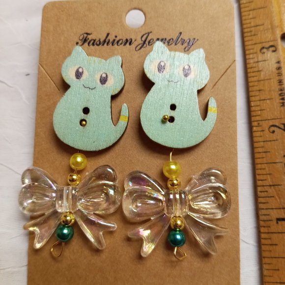 Home Made Handmade Wood & Metal Cat Green Button Earrings #45 - Picture 11 of 11
